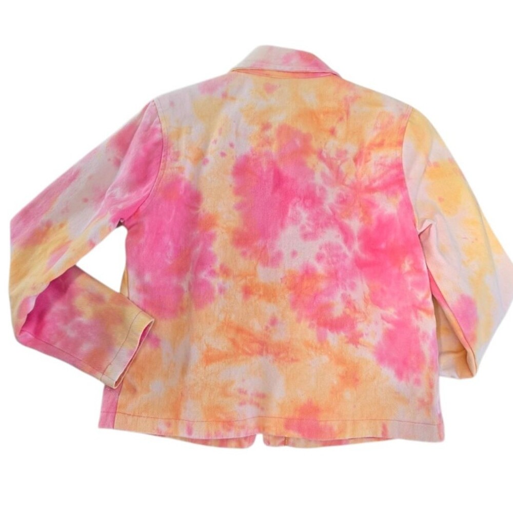 Keren Hart Denim Jacket Size S Pink Yellow Tie Dye Abstract Art Colorful Casual - Picture 2 of 9